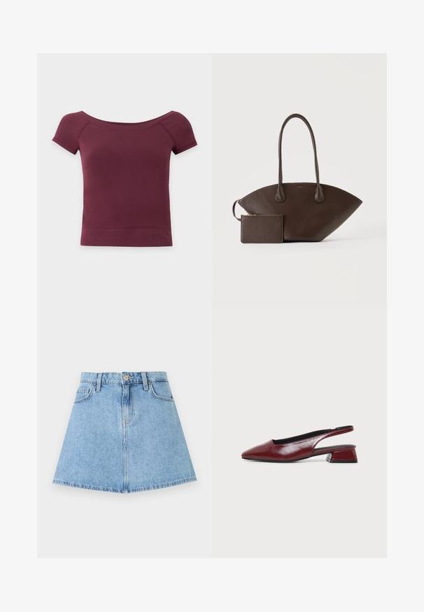 Κοντομάνικο, off-shoulder κοντό τοπ από συμπαγές βαθυκόκκινο ύφασμα με ριμπ τελείωμα και λαιμόκοψη.; Φωτεινό μπλε μίνι φούστα από τζην με κουμπιά μπροστά, φερμουάρ, θηλιές για ζώνη και δύο μπροστινές τσέπες, εμφανίζεται επίπεδη σε λευκό φόντο.; Δερμάτινο μπαλαρίνι χρώματος μαρόν με λουράκι στο πίσω μέρος, μυτερή μυτούλα και χαμηλό χοντρό τακούνι, σε πλευρική όψη σε απλό ανοιχτό φόντο.; Σκουρό καφέ δερμάτινη τσάντα χειρός με μακριές λαβές και μικρό ταίριασμα τσαντάκι με φερμουάρ πάνω σε απλό ανοιχτό φόντο.