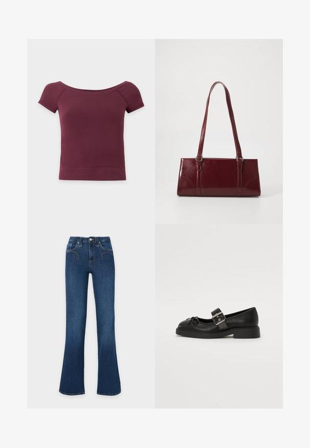 Kortærmet, off-shoulder cropped top i ensfarvet mørk bordeaux stof med ribkant og halsudskæring.; Mørkeblå denimjeans med høj talje, knapper og lynlås foran samt vide ben.; Sort læder Mary Jane-sko med rund tå, ankelrem og sølv spænde detalje. Har en flad, chunky sål og en sløjfe akcent.; Bordeaux håndtaske lavet af glansfuldt materiale, rektangulær form, med to skulderremme og subtile buede detaljer på forsiden.