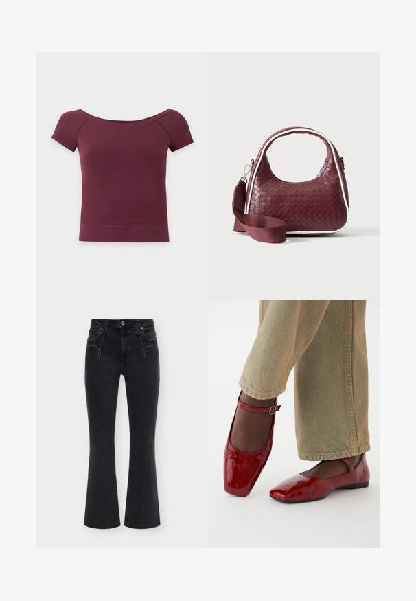 Kortærmet, off-shoulder cropped top i ensfarvet mørk bordeaux stof med ribkant og halsudskæring.; Sorte højtaljede jeans med let vidde forneden, knap- og lynlås-lukning foran, forlommer og lyse dekorative syninger nær lommerne.; Røde patentlæder sko med firkantet tå, lav hæl og ankelrem, parret med lysegrønne vide bukser. Glat tekstur, reflekterende overflade.; Mørkerød vævet lædertaske med buet hank, hvid kant, sølv lynlås og aftagelig bred stofskulderrem mod en ensfarvet baggrund.