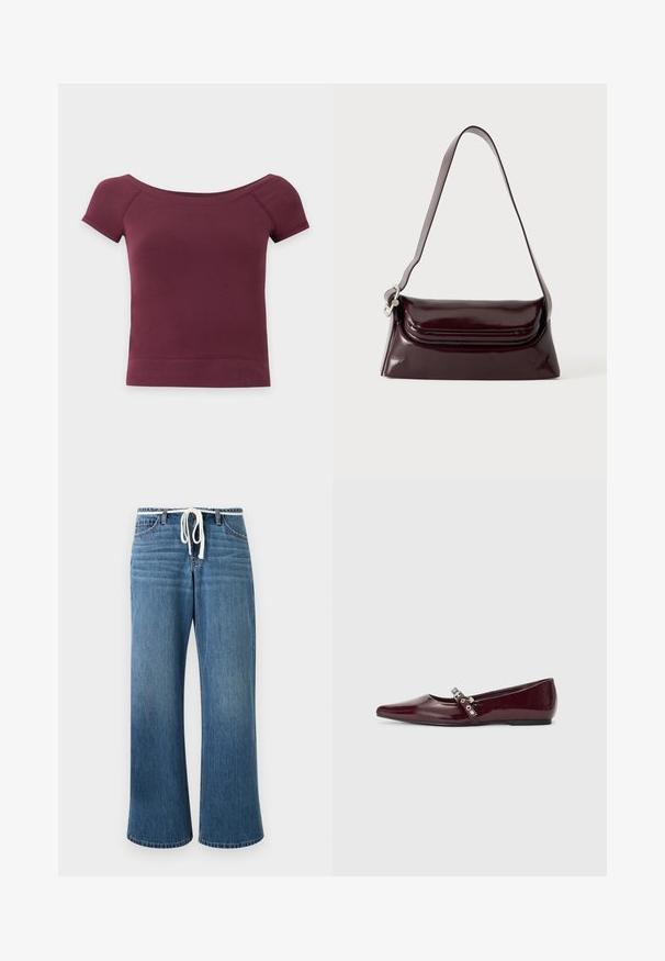 Kortærmet, off-shoulder cropped top i ensfarvet mørk bordeaux stof med ribkant og halsudskæring.; Blege blå cowboybukser med vide ben, hvid snor i taljen og klassisk fem-lomme design.; Bordeaux patentlæder flade sko med spids tå, ankelrem med sølvhardware og flad sål. Glat, blank struktur.; Mørk bordeaux skuldertaske i læder med klaplukning og en tynd justerbar rem, vist på en ensfarvet lys baggrund.