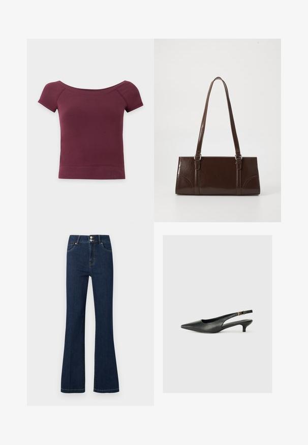 Kortærmet, off-shoulder cropped top i ensfarvet mørk bordeaux stof med ribkant og halsudskæring.; Mørkeblå denimjeans med høj talje, dobbelt knaplukning, forlommer og let udvidede ben.; Sorte spidse slingback-sko lavet af glat læder. Har en tynd hæl og en spænde detalje på den justerbare rem.; Brun lakeret håndtaske med rektangulær form, to lange håndtag og subtile buede detaljer på fronten.
