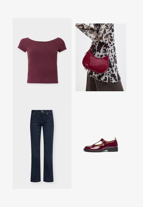 Kortærmet, off-shoulder cropped top i ensfarvet mørk bordeaux stof med ribkant og halsudskæring.; Mørkeblå jeans med lige ben, fem lommer og knaplukning, vist fladt på en lys baggrund.; Burgunderfarvet patenteret læder Mary Jane sko med rund tå, T-strop, justerbar spænde og lav blokhæl. Glat tekstur og enkelt design.; Kvinde iført en sort- og hvidmønstret bluse, der holder en blank rød skuldertaske mod en ensfarvet baggrund.