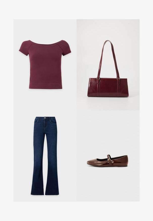 Kort topje met korte mouwen, off-shoulder, in effen donkerbordeaux stof met geribde zoom en halslijn.; Donkerblauwe denim jeans met wijde pijpen, voorzakken en een knoopsluiting in de taille.; Bruine gepatineerde leren balletschoen met een vierkante neus en een bandje met een kleine gouden gesp. Gladde textuur, lage hak en minimalistisch ontwerp.; Bourgondische handtas van glanzend materiaal, rechthoekige vorm, met twee schouderbanden en subtiele gebogen accenten aan de voorkant.