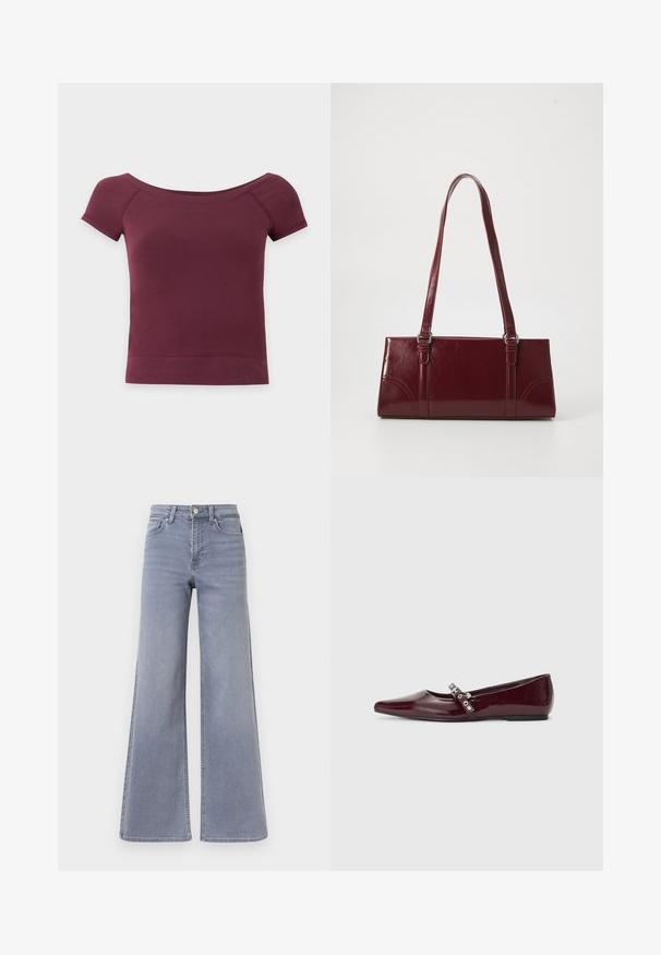 Kort topje met korte mouwen, off-shoulder, in effen donkerbordeaux stof met geribde zoom en halslijn.; Lichtblauwe denim jeans met een wijde pijp en hoge taille, voorzien van een knoop- en ritssluiting aan de voorkant, met voor- en achterzakken, getoond tegen een witte achtergrond.; Bordeaux lakleren ballerina's met een spitse neus, enkelband met zilveren hardware en een platte zool. Vloeiende, glanzende textuur.; Bourgondische handtas van glanzend materiaal, rechthoekige vorm, met twee schouderbanden en subtiele gebogen accenten aan de voorkant.