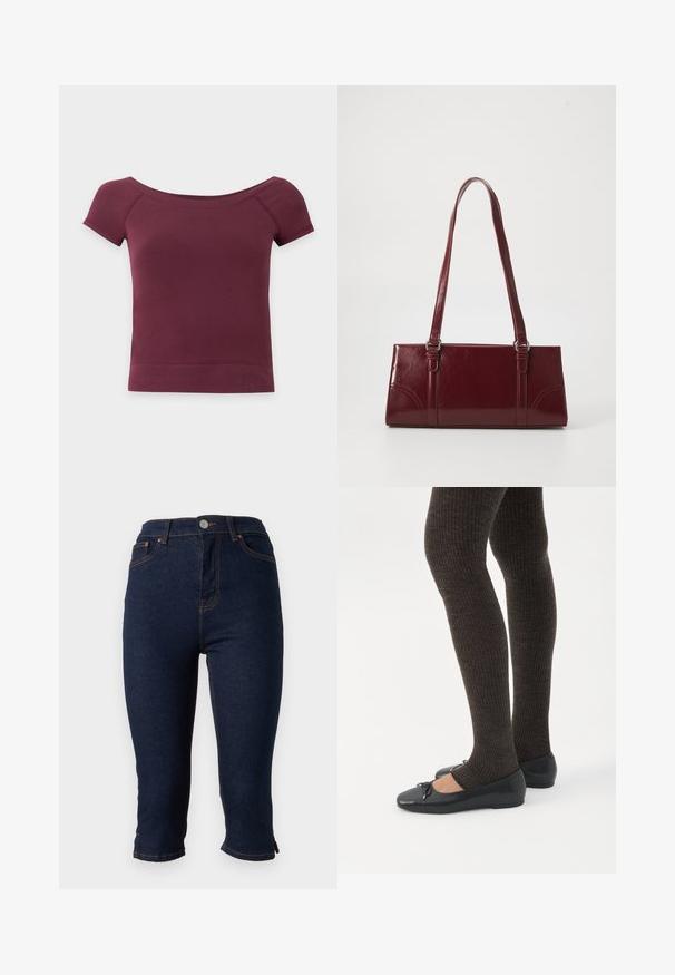 Top court à manches courtes, épaules dénudées, en tissu uni bordeaux foncé avec ourlet et encolure côtelés.; Jean skinny court en denim bleu foncé avec fermeture frontale par boutons et surpiqûres orange, présenté sur fond blanc.; Jambes portant des leggings côtelés foncés associés à des ballerines noires avec de petits détails en nœud sur fond blanc.; Sac à main bordeaux en matériau brillant, de forme rectangulaire, avec deux anses et des accents légèrement courbés à l'avant.