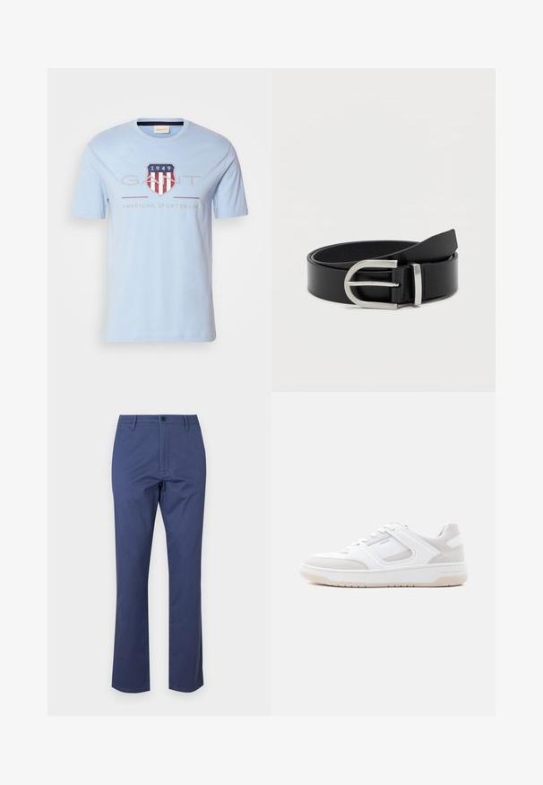 Lyseblå bomulds t-shirt med et skjoldlogo med røde og hvide striber, "1949," og teksten "GANT AMERICAN SPORTSWEAR." Korte ærmer.; Marineblå bomuldsbukser med lynlåsgylp,.frontlommer og lige ben. Glat tekstur med en knaplukning i taljen.; Lavprofileret hvid og lysebeige sneaker med snørelukning, polstret krave og gummisål på en ensfarvet lys baggrund.; Sort læderbælte med en glat overflade, der har en sølvmetalklausul og en klassisk rektangulær form.