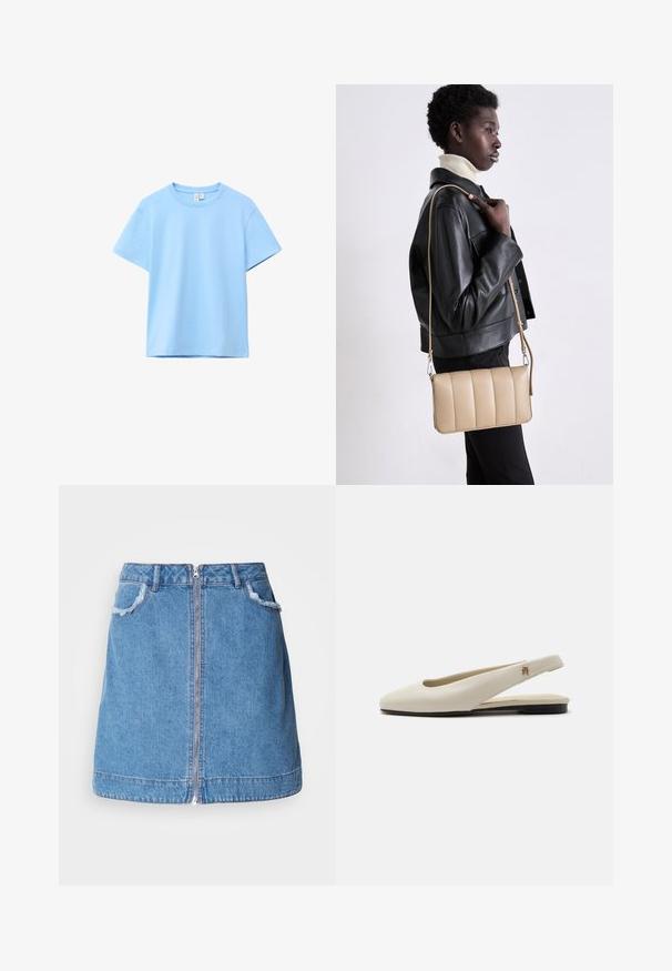 Lichtblauw katoenen T-shirt met korte mouwen, ronde hals, effen ontwerp en zichtbare neklabel op een witte achtergrond.; Lichtblauwe denim rok met een voorrits, rafelige zakranden en een rechte snit. De onderkant heeft een licht gebogen lijn.; Crèmekleurige leren slingback platte schoen met ronde neus en klein gouden embleem op het bandje.; Beige leren crossbody tas met een gequilt ontwerp, rechthoekige vorm, dunne schouderband en zilverkleurige hardware, gedragen door een persoon in een zwarte jas.