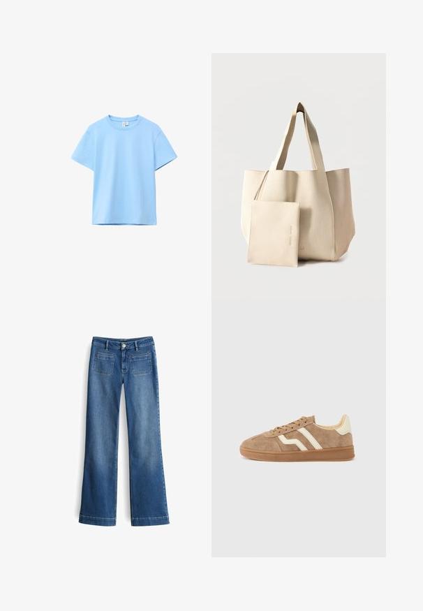 Lichtblauw katoenen T-shirt met korte mouwen, ronde hals, effen ontwerp en zichtbare neklabel op een witte achtergrond.; Vervaagde blauwe denim wijde pijpen jeans met een knoopsluiting, riemlussen en twee achterzakken. Soepele textuur met een klassieke vijf-pocket ontwerp.; Bruine suède sneaker met witte accentstrepen, ronde neus, beige binnenkant en rubberen buitenzool. Veters met textuur.; Beige grote tote tas met geribbelde structuur en bijpassend afneembaar tasje met rits aan de voorkant op een effen achtergrond.