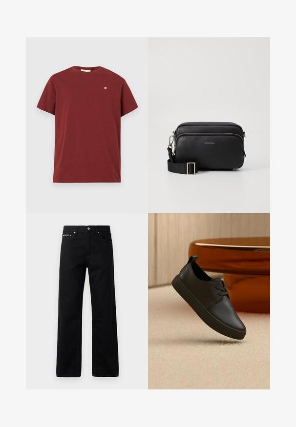 Bordeauxrotes Baumwoll-T-Shirt mit kurzen Ärmeln, Rundhalsausschnitt und kleinem gesticktem Logo auf der linken Brust. Glatte Textur.; Schwarze Denim-Jeans mit geradem Bein, fünf Taschen und einem Logotag auf der Vorderseite, mit Metallbeschlägen und einer glatten Textur.; Schwarzer Freizeit-Sneaker aus Leder mit Schnürsenkeln, schwebt über einem beigen Teppich, im Hintergrund ein bernsteinfarbenes, rundes Glastisch.; Schwarze Leder-Crossbody-Tasche mit zwei Reißverschlussfächern, strukturiertem Finish, verstellbarem Tragegurt und silbernen Hardware-Details. Calvin Klein-Logo angebracht.