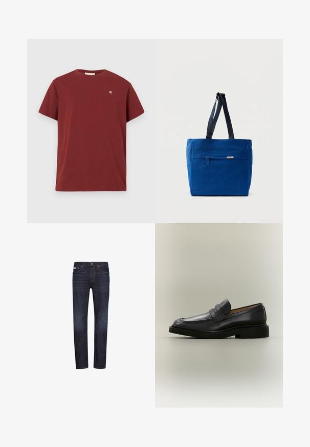 Bordeaux katoenen T-shirt met korte mouwen, ronde hals en een klein geborduurd logo op de linkerborst. Glad textuur.; Donkerblauwe denim jeans met rechte pijpen, vijf zakken, een ritssluiting en oranje stikseldetails. Soepele textuur, klassiek ontwerp.; Zwarte leren herenloafer met een lage hak en een banddetail over het bovenwerk, getoond in profiel op een neutrale achtergrond.; Blauwe canvas boodschappentas met een voorvak met rits, dubbele schouderbanden en een rechthoekige vorm. Heeft een subtiel merklabel.
