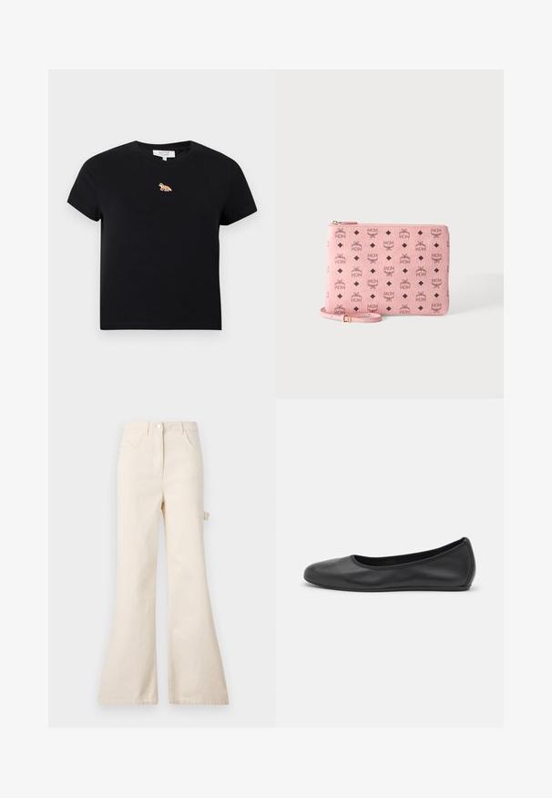 T-shirt court noir à manches courtes avec petit logo renard orange brodé centré sous l'encolure ronde.; Jean beige évasé en coton avec taille haute, présentant une fermeture à bouton, cinq poches et un détail de boucle sur le côté.; Ballerines en cuir noir avec un bout rond, texture lisse, détails de couture minimalistes et design de semelle flexible.; Pochette rose pour poignet avec logo MCM noir et motif diamant, fermeture éclair dorée et bandoulière en cuir réglable sur fond blanc.