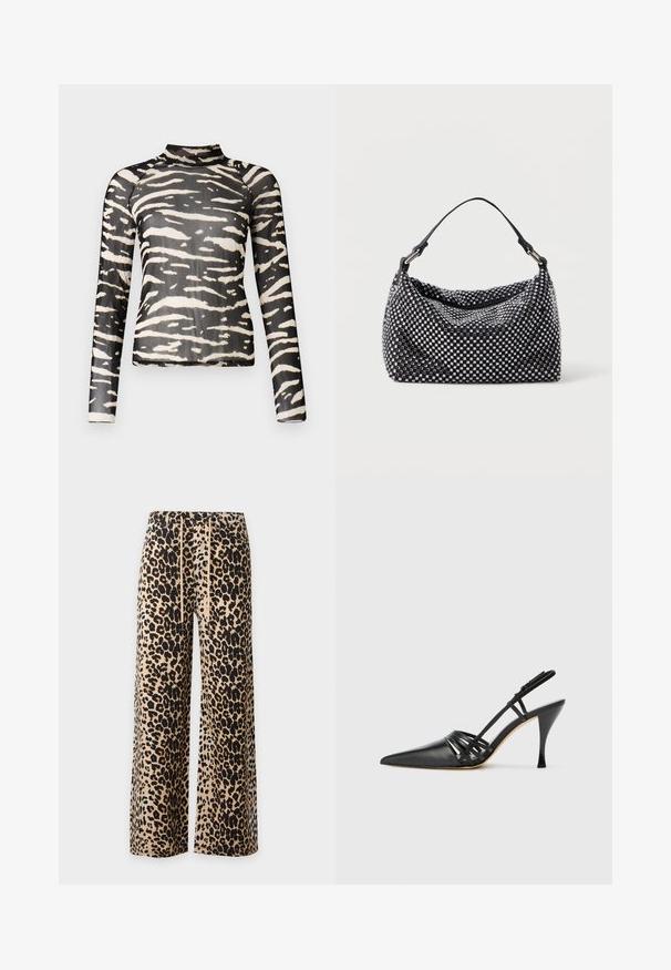 Langærmet top i gennemsigtigt sort stof med hvide abstrakte striber, høj halsudskæring og tætsiddende design, der fremviser et moderne mønster.; Bukser med vide ben med beige og sort leopardprintmønster og snøre i taljen mod en ensfarvet baggrund.; Sort læder højhælede slingback-sko med spids tå, crisscross-remdesign og slank stiletto-hæl. Glat tekstur og minimale accenter.; Sort og sølv håndtaske med en vævet, struktureret overflade med firkantede mønstre, en enkel top håndtag og et slasket design.