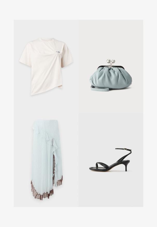 Camiseta de manga corta color blanco roto con un detalle frontal retorcido y una pequeña etiqueta rectangular cerca del hombro izquierdo.; Falda envolvente de color azul claro con rayas blancas verticales, que presenta un borde con volantes y un intrincado borde de encaje marrón en el dobladillo.; Sandalia negra de cuero para mujer con tiras finas, un lazo para el dedo del pie, hebilla en el tobillo y tacón de aguja de altura media sobre un fondo neutro.; Pequeño monedero de cuero azul claro con cierre metálico plateado tipo kiss-lock y correa corta para la muñeca sobre un fondo liso.