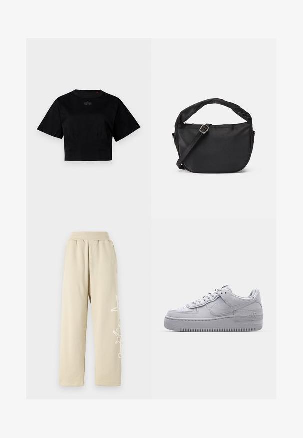 Schwarzes, kurzes T-Shirt aus Baumwolle. Mit kurzen Ärmeln und Rundhalsausschnitt. Enthält ein dezentes Logodetail auf der Brust.; Beige Sweatpants mit lockerer Passform, einem elastischen Bund, Seitentaschen und einem weißen grafischen Detail entlang des linken Beins. Aus weichem Baumwollmaterial.; Graue Nike Air Force 1 Sneaker mit perforierter Zehenpartie, Obermaterial aus glattem Leder, dicker Sohle und geprägtem 'AIR'-Detail an der Ferse.; Schwarze Stoffumschlagtasche mit einem verdrehten Griff, einem abnehmbaren Schultergurt und einem Reißverschluss-Topverschluss. Glatte Textur und minimalistisches Design.