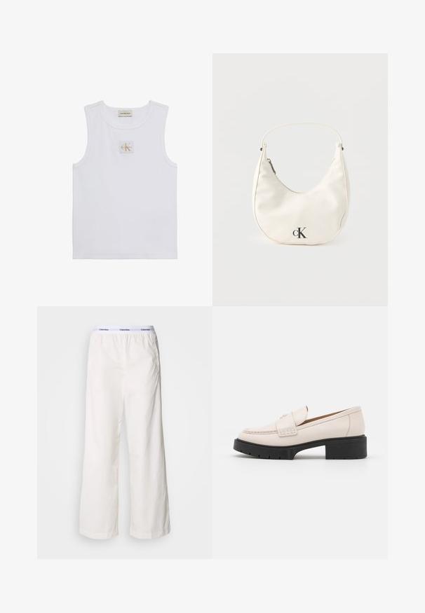 Witte mouwloze tanktop met Calvin Klein Jeans-label op de borst en een labeltje bij de halslijn op een effen witte achtergrond.; Witte wijde broek met een elastische tailleband met een contrasterend Calvin Klein-logo. Gemaakt van gladde stof, bieden ze een ontspannen fit.; Lichtbeige leren loafers met een gestikte voorkant en een textuur met een zwarte plateauhak. Beschikt over een gebogen ontwerp en een lichte verhoging.; Kleine witte handtas in de vorm van een halve maan met een kort hengsel, ritssluiting en zwart "cK" logo aan de voorkant.