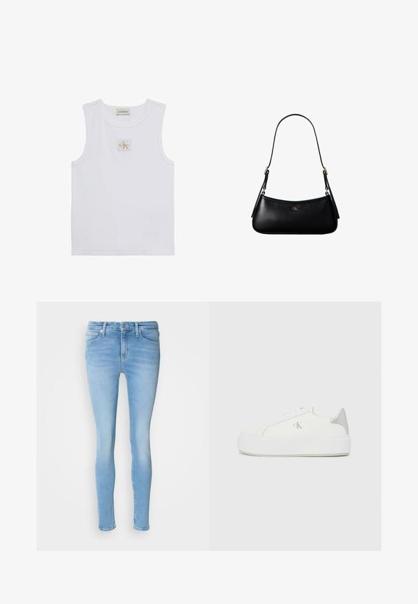 Άσπρο αμάνικο τοπ με ετικέτα Calvin Klein Jeans στο στήθος και ταμπελάκι κοντά στον λαιμό σε απλό λευκό φόντο.; Ανοιχτό μπλε skinny τζιν παντελόνι από τζιν με μεσαία μέση, που διαθέτει μπροστινές τσέπες, θηλιές ζώνης και λεία υφή.; Λευκά καμβά παπούτσια με παχιά λευκή σόλα, που διαθέτουν μεταλλικό ασημί τόνο στη φτέρνα και διακριτική λεπτομέρεια λογότυπου στο πλάι.; Μαύρη μικρή δερμάτινη τσάντα ώμου με λεπτό λουρί και μικρό χρυσό λογότυπο CK στο κέντρο μπροστά.