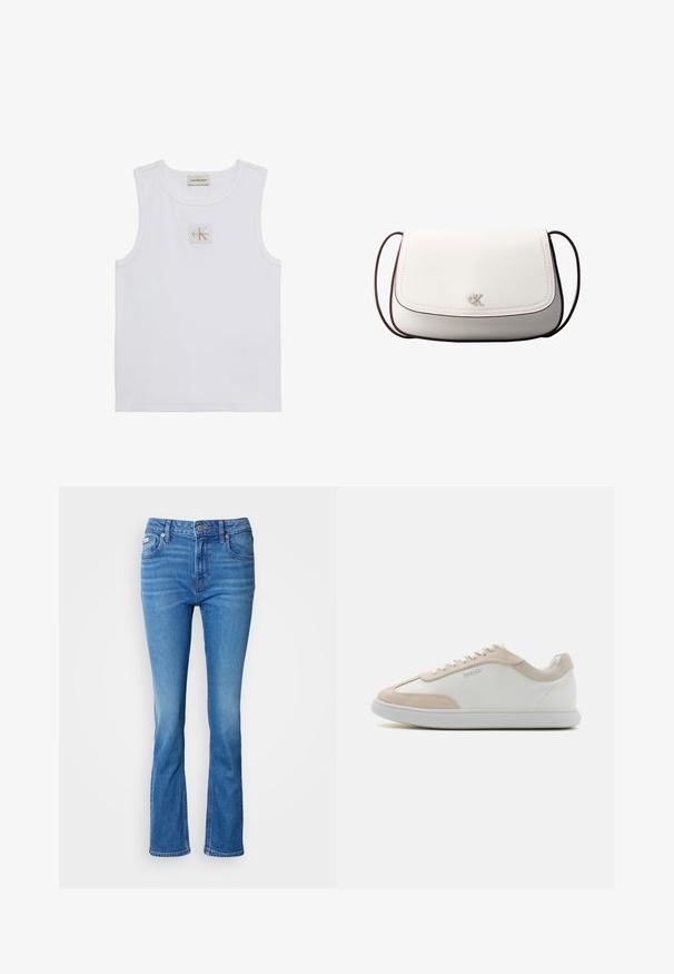 Hvid ærmeløs tanktop med Calvin Klein Jeans-label på brystet og en label nær halsudskæringen på en ensfarvet hvid baggrund.; Blå denim flared jeans med en mellemhøj talje, der har et klassisk fem-lomme design og en subtil affadet tekstur ved knæene.; Hvide lædersneakers med beige ruskindsdetaljer og hvide snøringer. Har en rund tå og en polstret sål for komfort.; Hvid skuldertaske med klaplukning, lille sølv "cK" logo i midten og tynd, justerbar, mørkebrun rem.