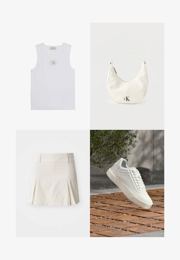 Débardeur blanc sans manches avec étiquette Calvin Klein Jeans sur la poitrine et une étiquette près de l'encolure sur fond blanc uni.; Jupe en coton beige clair avec une taille ajustée, un design plissé et un ourlet droit, présentant une texture lisse et sans éléments métalliques visibles.; Baskets blanches avec un motif géométrique et une semelle épaisse, suspendues au-dessus d'un sol en lattes de bois en plein air, avec de la verdure et un mur en arrière-plan.; Petit sac à main blanc en forme de croissant avec une courte bandoulière, fermeture éclair et logo "cK" noir sur le devant.