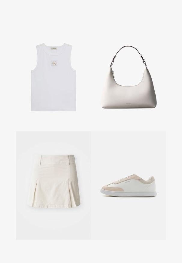 Débardeur blanc sans manches avec étiquette Calvin Klein Jeans sur la poitrine et une étiquette près de l'encolure sur fond blanc uni.; Jupe en coton beige clair avec une taille ajustée, un design plissé et un ourlet droit, présentant une texture lisse et sans éléments métalliques visibles.; Baskets en cuir blanc avec des accents en suède beige et des lacets blancs. Elles présentent un bout arrondi et une semelle rembourrée pour plus de confort.; Sac à bandoulière en cuir couleur crème de Calvin Klein avec bord supérieur incurvé, fermeture éclair argentée et sangle ajustable brun foncé.