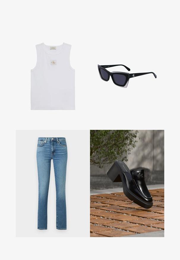 Biele tielko bez rukávov s nápisom Calvin Klein Jeans na hrudi a štítkom pri výstrihu na jednofarebnom bielom pozadí.; Modré džínsy s priliehavým strihom, rovnými nohavicami a miernym vyblednutím. Obsahujú päť vreciek a zips s gombíkovým zapínaním.; Čierne kožené šľapky Calvin Klein s blokovým podpätkom, ktoré oddychujú na drevených dlaždiciach vonku blízko zelenej rastliny a šedej steny.; Čierne oversized slnečné okuliare s geometrickým tvarom, s tmavými šošovkami a kontrastným šedým detailom na ráme. Logo na mostíku.