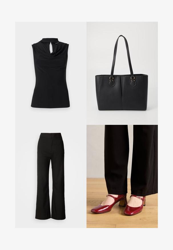 Haut noir sans manches avec col bénitier drapé et petite ouverture en forme de goutte sous un col montant.; Pantalons noirs à jambes larges avec une texture lisse, taille haute et un design épuré. Pas de poches visibles ni d'embellissements.; Talons Mary Jane en cuir verni rouge avec un bout carré, une sangle sur le cou-de-pied et un petit talon bloc. Portés avec un pantalon noir.; Sac fourre-tout noir en simili cuir avec une finition texturée, deux longues poignées et des accents en métal doré sur le côté. Shape rectangulaire.