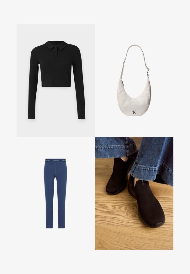 Schwarzes Langarm-Polohemd im cropped Design, mit einem kragenähnlichen Hals, drei Knöpfen und weichem Rippstrick. Keine Muster oder Akzente.; Dunkelblaue Leggings aus dehnbarem Material, mit einer glatten Textur und einem elastischen Bund, auf dem das Calvin Klein-Logo gedruckt ist.; Schwarze Slipper mit einem strukturierten Strickobermaterial und elastischem Eingangsbereich. Abgerundete Zehenform und profilierte, gepolsterte Sohle, getragen mit einem Denim-Saum.; Weiße, halbmondförmige Lederschultertasche mit verstellbarem Riemen, Reißverschluss und schwarzem Calvin Klein Logo auf der Vorderseite.