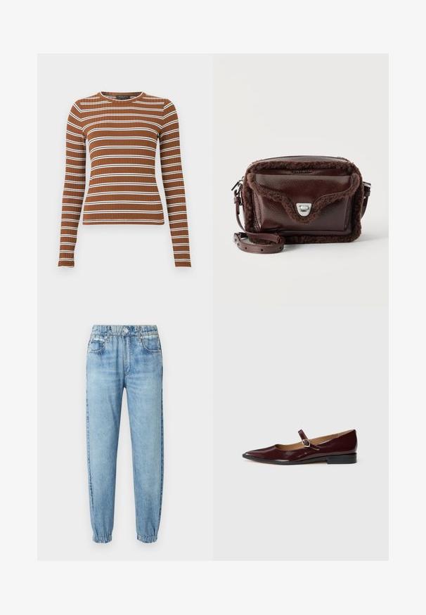 Haut à manches longues côtelé de couleur marron avec des rayures blanches horizontales. Il présente un col rond et une silhouette ajustée. Texture lisse sur l’ensemble.; Jean en denim bleu clair avec des ourlets élastiqués, un bouton et une fermeture éclair à l'avant, des passants de ceinture et des poches avant.; Ballerines en cuir verni bordeaux de type Mary Jane avec un bout pointu, un talon plat et une sangle décorative avec une boucle circulaire.; Sac bandoulière en cuir marron foncé avec bordure en shearling doux, poche avant à rabat avec fermoir argenté et bandoulière réglable.