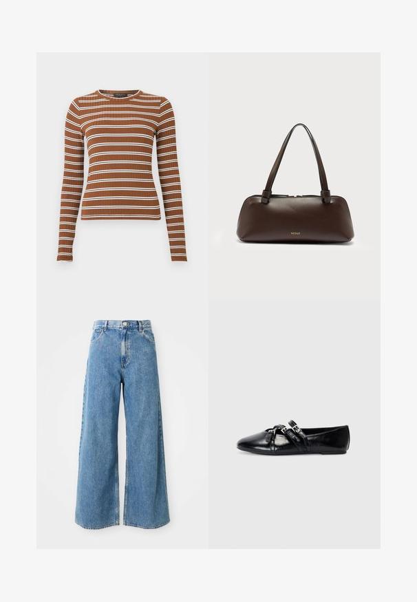 Langærmet ribstrikket top i brun med vandrette hvide striber. Har rund halsudskæring og tætsiddende silhuet. Glat tekstur overalt.; Højtaljede lyseblå brede denim jeans med frontknap, lynlås og forlommer på en hvid baggrund.; Sorte læder balletflader med spidse tæer, to dekorative stropper med sølvspænder og en glat, blank overflade.; Mørkebrun rektangulær læderhåndtaske med to skulderstropper og guldfarvet "NEOUS"-logo foran mod en hvid baggrund.