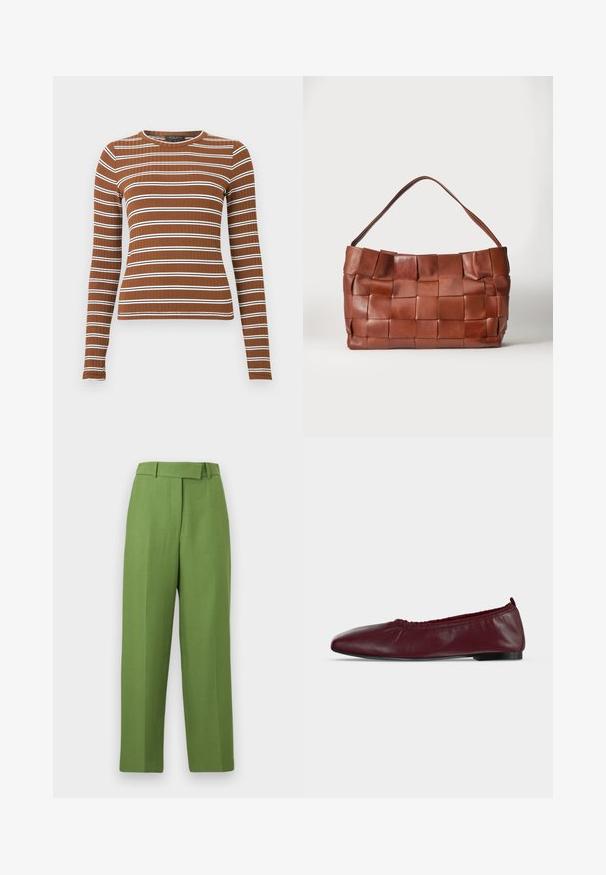 Haut à manches longues côtelé de couleur marron avec des rayures blanches horizontales. Il présente un col rond et une silhouette ajustée. Texture lisse sur l’ensemble.; Pantalon vert taille haute à jambes droites avec passants pour ceinture, fermeture éclair avant et large ceinture, présenté sur un fond blanc.; Ballerine plate en cuir bordeaux avec bord supérieur élastique froncé et fine semelle noire sur fond blanc.; Sac à main en cuir marron avec de larges lanières tissées et une seule bandoulière sur un fond clair uni.