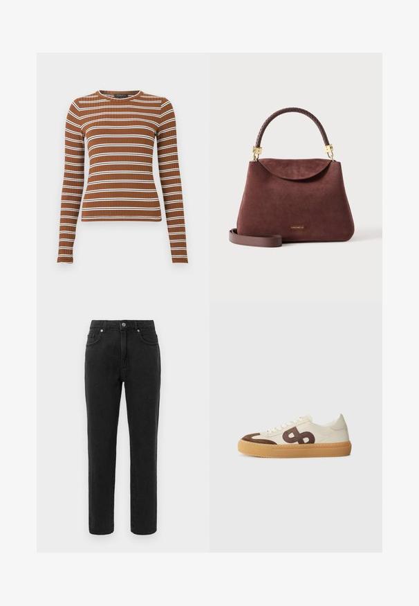 Langarm geribd top in bruin met horizontale witte strepen. Heeft een ronde hals en een aangesloten silhouet. Overal een gladde textuur.; Zwarte denim jeans met een recht beenontwerp, standaard vijf-pocket styling en een knoopsluiting. Heeft subtiele stikdetails.; Sneakers met een crèmekleurige canvas bovenwerk, bruin suede accenten, een groot gestileerd logo en een beige rubberen zool met textuur voor extra grip.; Bruine suède handtas met gevlochten handvat aan de bovenkant, afneembare schouderriem, gouden beslag en klein "Coccinelle"-logo aan de voorkant.
