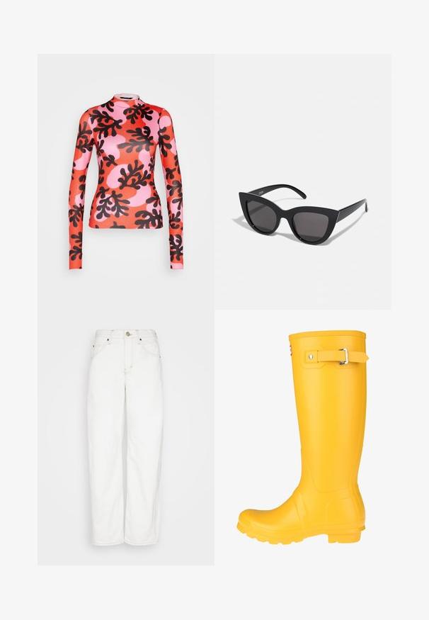 Monki Pikkade varrukatega topp - red/pink/multi-coloured; BDG Urban Outfitters LOGAN CINCH - Sirgete säärtega teksad - white; Kollane kummist vihmavari, millel on sile pind, reguleeritav pael ja tekstureeritud tald haardeks. Kõrge disain, ümar nina ja ilma õmblusteta keha.; Mustad mustakate silmade prillid, millel on matt viimistlus, hallist toonitud läätsed, teravad nurgad ja stiilsed küljed. Brändi nimi on nähtav siseküljel.