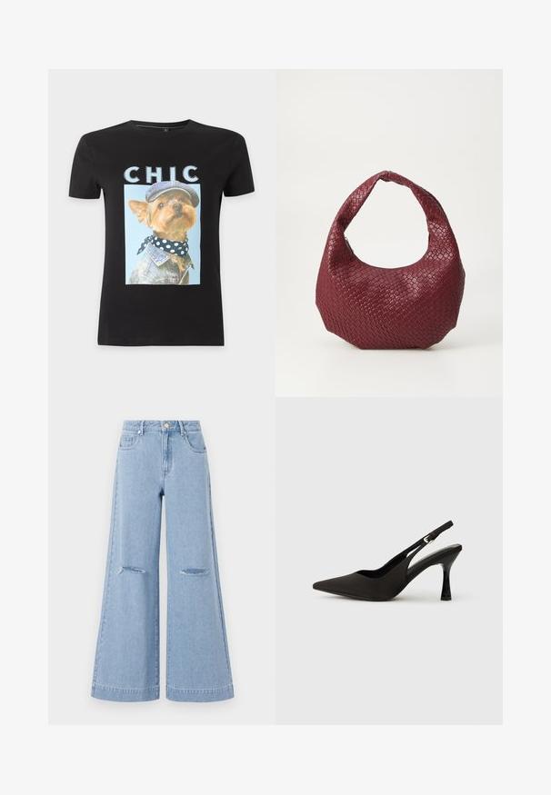 T-shirt noir avec une photo d'un petit chien portant une veste en jean, une écharpe à pois et une casquette, avec le mot "CHIC" au-dessus de l'image.; Jeans taille haute bleu clair à jambes larges, dotés de deux poches avant et de deux détails de genoux déchirés, fabriqués en matériau denim.; Chaussures à talons noires avec une bride, à bout pointu, finition mate lisse et talon fin brillant. Sangle ajustable avec petit détail de boucle.; Sac à main tissé bordeaux avec une silhouette arrondie, une seule poignée et une finition texturée. Fermeture zippée en haut.