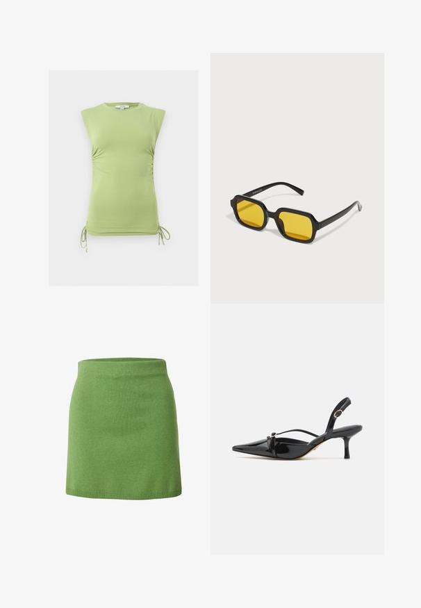 Haut sans manches vert clair avec côtés froncés et liens réglables à l'ourlet, encolure ronde et épaules rembourrées.; Jupe en tricot vert avec une taille ajustée, un design structuré et une texture lisse, présentant un ourlet net sans détails supplémentaires.; ALDO MARIETTA PILLOW WALK - Escarpins - black; Lunettes de soleil rectangulaires noires avec des verres jaunes. Les caractéristiques incluent des montures épaisses et un design anguleux avec une finition lisse et brillante.