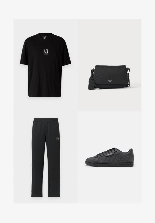 Sort bomulds T-shirt med korte ærmer, rund halsudskæring og et lille hvidt logo "A|X" centreret på brystet.; Sorte sweatpants med lige ben, elastisk talje og sort logo-patch på venstre lår.; Sorte sneakers med en tekstureret stofoverdel med et subtilt MK-mønster, sorte læderdetaljer og en sort gummisål.; Sort crossbody taske med justerbar rem og lille sølv logoemblem på frontklap, vist på ensartet lyst baggrund.