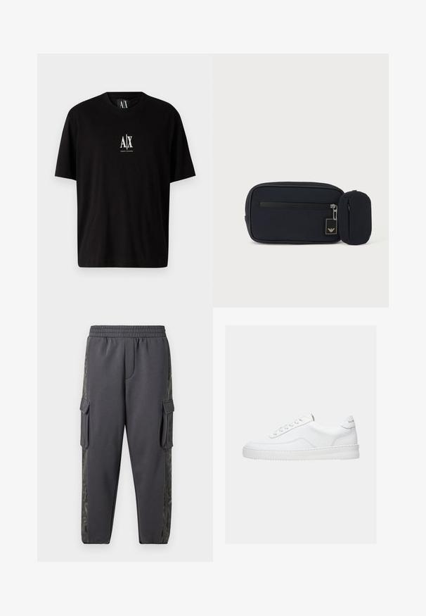 Sort bomulds T-shirt med korte ærmer, rund halsudskæring og et lille hvidt logo "A|X" centreret på brystet.; Grå joggebukser lavet af et blødt stof, med cargo-lommer og et mønstret sidepanel for ekstra detaljer. Elastisk talje inkluderet.; Hvid lavt sneaker med snørelukning, glat læderoverdel og tyk sål, vist fra siden på en ensfarvet baggrund.; Sort rektangulær pung med frontlynlås og lille tilknyttet rundet pung mod en ensartet lys baggrund.