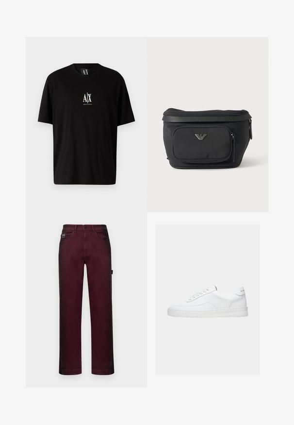 Schwarzes Baumwoll-T-Shirt mit kurzen Ärmeln, rundem Halsausschnitt und einem kleinen weißen Logo "A|X", das mittig auf der Brust platziert ist.; Burgunderfarbene Denim-Hosen mit geradem Schnitt, fünf Taschen, Metallknopfverschluss und Gürtelschlaufen für eine verstellbare Passform.; Weißer Sneaker mit niedrigem Schaft, Schnürdesign, glattem Lederobermaterial und dicker Sohle, von der Seite auf einfachem Hintergrund gezeigt.; Schwarze Bauchtasche mit Frontreißverschlusstasche und silbernem Adlerlogo, glattes Gewebe mit strukturiertem Besatz und Reißverschlussanhängern.