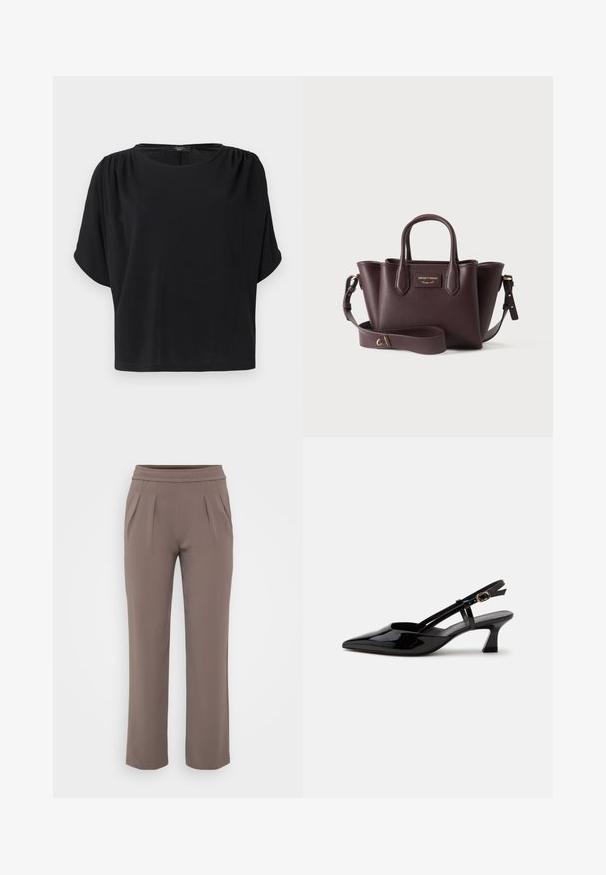 Haut noir à manches courtes avec une coupe décontractée, un col rond et des détails froncés aux épaules, confectionné dans un tissu doux et léger.; Pantalons amples taupe avec taille élastique et plis à l'avant, fabriqués en tissu lisse.; Chaussure slingback en cuir verni noir à petit talon, bout pointu et bride réglable avec boucle dorée sur fond blanc.; Sac à main en cuir marron foncé avec doubles poignées, bandoulière réglable et plaque logo dorée au centre avant.