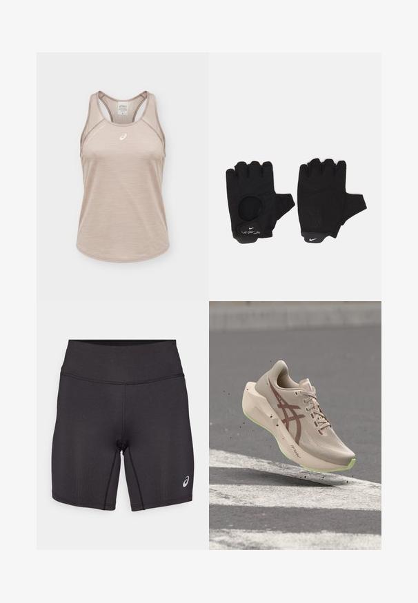 Μπεζ αμάνικη αθλητική φανέλα Asics με σχέδιο racerback και μικρό λευκό λογότυπο στο στήθος.; Μαύρες αθλητικές βερμούδες με λεία υφή, εφαρμοστό σχέδιο και ψηλή μέση. Διαθέτουν αντίθετη ραφή και ένα μικρό λογότυπο στο κάτω μέρος του ποδιού.; Μπεζ και καφέ αθλητικό παπούτσι στον αέρα πάνω από άσφαλτο με λευκές διαγραμμίσεις, που αναδεικνύει τον ελαφρύ σχεδιασμό και τις λεπτομέρειες υφής της σόλας.; Μαύρα γάντια χωρίς δάχτυλα με υφή. Φτιαγμένα από αναπνεύσιμο υλικό, με τρύπα για τον αντίχειρα και ενισχυμένη παλάμη για καλύτερη λαβή.