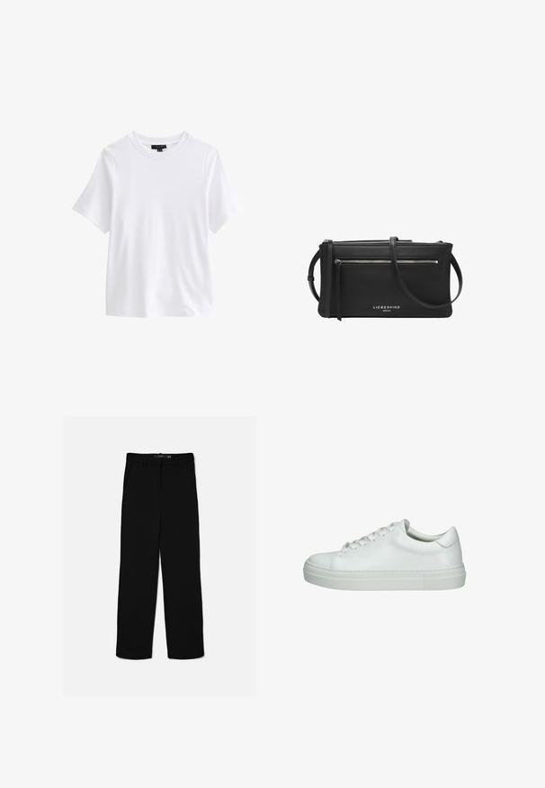Camiseta blanca lisa de manga corta y cuello redondo con una etiqueta negra en el interior del cuello sobre un fondo blanco.; Pantalones negros de corte recto con trabillas, cremallera frontal y bolsillos laterales, colocados planos sobre un fondo claro.; Zapatilla de cuero blanco con textura suave, punta redondeada, suela de goma plana y seis ojales para los cordones. Diseño minimalista sin acentos adicionales.; Bolso bandolera de cuero negro con bolsillo con cremallera plateada, correa larga ajustable y logotipo de "Liebeskind Berlin" en el frente.