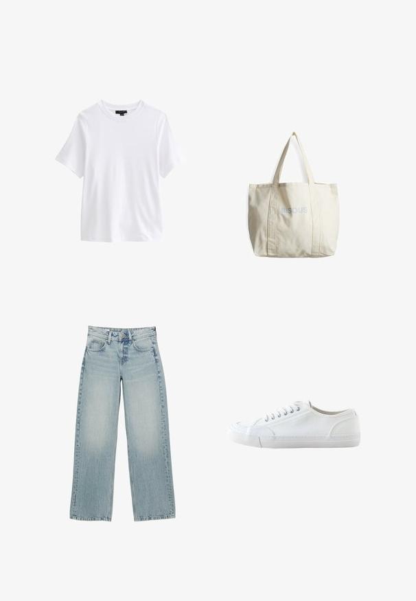 Schlichtes weißes T-Shirt mit kurzen Ärmeln und Rundhalsausschnitt mit einem schwarzen Kleidungsetikett innen im Kragen auf weißem Hintergrund.; Helle, blaue Denim-Hosen mit weitem Bein und hoher Taille, ausgestattet mit fünf Taschen, einem Knopfverschluss und dezentem Ausbleichen für einen getragenen Effekt.; Weißer niedriger Canvas-Sneaker mit weißen Schnürsenkeln und Gummisohle, von der Seite auf weißem Hintergrund dargestellt.; Cremefarbene Tragetasche mit zwei Griffen, aus robustem Stoff gefertigt, mit gesteppten Nähten und dem aufgedruckten Text "BISOU" in Hellblau.