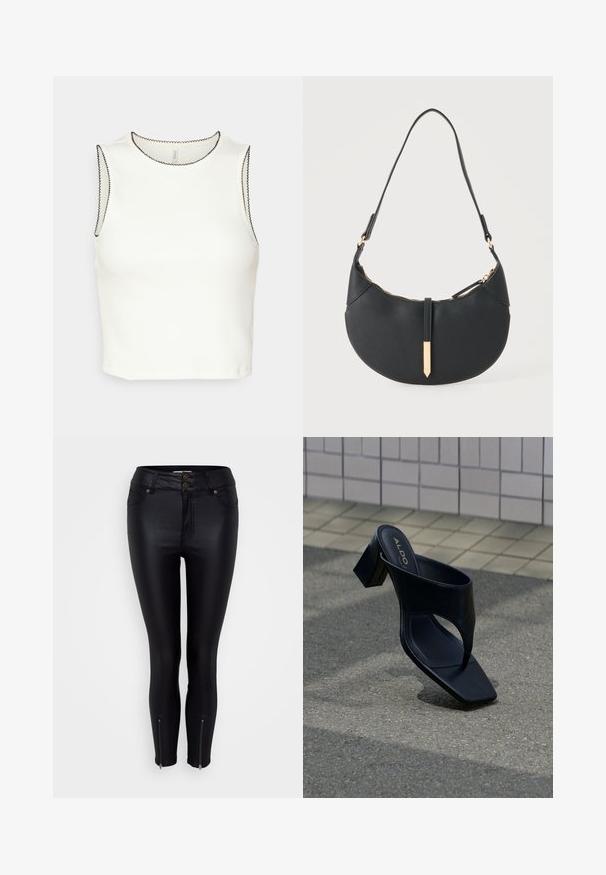 ONLY Petite ONLKERRY STITCH - Top - cloud dancer/black; Zwarte skinny jeans met een glanzende faux leren afwerking, twee voorkzakken, dubbele knoopsluiting en ritssluitingen bij de enkels voor detail.; Zwarte sandaal met hak, vierkante neus en brede band, geplaatst op grijs asfalt nabij betegelde muur.; Zwarte handtas in halve maanvorm met een enkele band, gouden rits en een gouden rechthoekige decoratieve tab aan de voorkant.