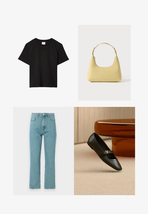 T-shirt noir à manches courtes col rond avec un discret logo Calvin Klein embossé centré sur la poitrine.; Jeans bleu clair taille haute avec une coupe droite. Fabriqués en denim, comportent des poches frontales et une fermeture à bouton.; Chaussure plate en cuir noir avec bout pointu et logo CK doré sur la bride, posée sur un tapis beige près d'une table ronde couleur ambre brun.; Sac à main en cuir jaune avec une silhouette incurvée, une bandoulière courte réglable et un compartiment zippé. Présente un logo subtil à l'avant.