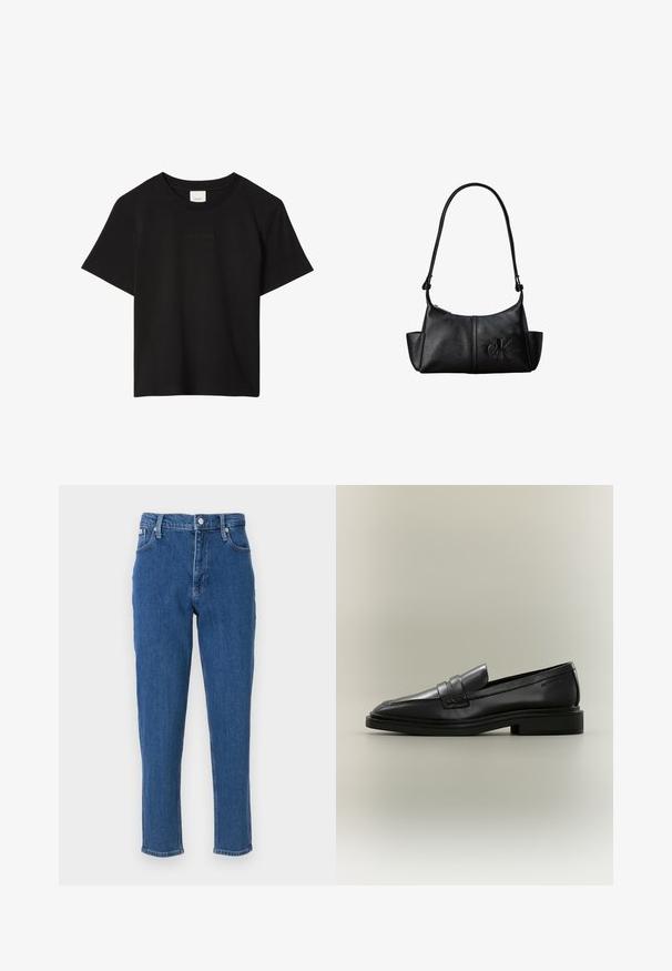 Zwarte T-shirt met korte mouwen en ronde hals, met subtiel reliëf Calvin Klein-logo in het midden van de borst.; Blauwe denim jeans met een hoge taille, ritssluiting, vijf zakken, rechte pijpen en een subtiele vervaagde textuur, afgewerkt met een nette zoom.; Zwarte leren penny loafer met lage hak, afgeronde neus en gestikte details op een neutrale achtergrond.; Zwarte leren schoudertas met lange band, zijvakjes en een reliëflogo van Calvin Klein aan de voorkant.
