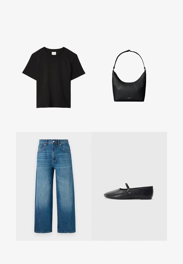 Camiseta negra de manga corta con cuello redondo y sutil logo Calvin Klein en relieve centrado en el pecho.; Jeans de denim de pierna ancha en azul claro con un lavado desgastado, que cuentan con cinco bolsillos y un cierre de botón en la parte delantera. Fabricados en tela de algodón.; Bailarinas de cuero negro con punta afilada, suela plana y una pequeña correa con detalle de hebilla plateada.; Bolso de hombro de cuero negro texturizado con una sola correa y un pequeño logo de Calvin Klein en el centro delantero.