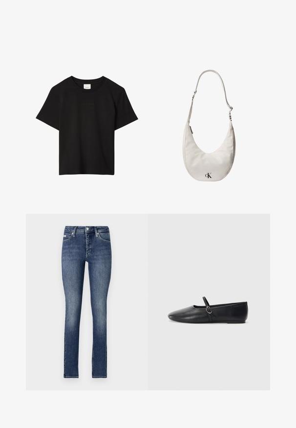 Camiseta negra de manga corta con cuello redondo y sutil logo Calvin Klein en relieve centrado en el pecho.; Jeans ajustados en denim de lavado oscuro, con una cintura de altura media, cinco bolsillos, costuras visibles y cierre de botón en la cintura.; Bailarinas de cuero negro con punta afilada, suela plana y una pequeña correa con detalle de hebilla plateada.; Bolso de hombro de cuero blanco en forma de media luna, con correa ajustable, cierre de cremallera y logotipo negro de Calvin Klein en el frente.