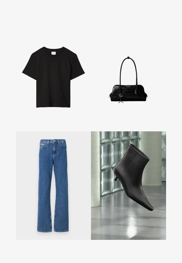 Schwarzes T-Shirt mit kurzen Ärmeln und Rundhalsausschnitt mit dezent eingeprägtem Calvin Klein Logo mittig auf der Brust.; Blaue Denim-Jeans mit geradem Bein, mittelhohem Bund, Vordertaschen und dezenten Verwaschungen.; Schwarzer Leder-Knöchelstiefel mit spitzer Spitze und kleinem Absatz vor einer Wand aus Glasbausteinen und einem polierten Boden.; Schwarze Umhängetasche aus krokodilstrukturiertem Leder mit langen Riemen und einem kleinen silbernen Logocharm an einem Riemen.
