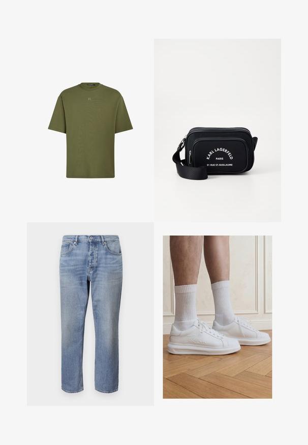 Olijfgroene t-shirt met korte mouwen, gemaakt van zachte stof, met een ronde hals en een klein logo op de borst. Soepele textuur, comfortabele pasvorm.; Lichtblauwe denimjeans met een rechte pijp, vijfzakkenontwerp, zichtbare stiksels en een knoopsluiting aan de taille.; Benen met witte geribbelde crew-sokken en witte Karl Lagerfeld sneakers, staand op een lichte houten parketvloer.; Zwarte nylon schoudertas met witte tekst en branding, voorzien van een ritscompartiment en een verstelbare schouderband. Rechthoekige vorm met een gladde textuur.