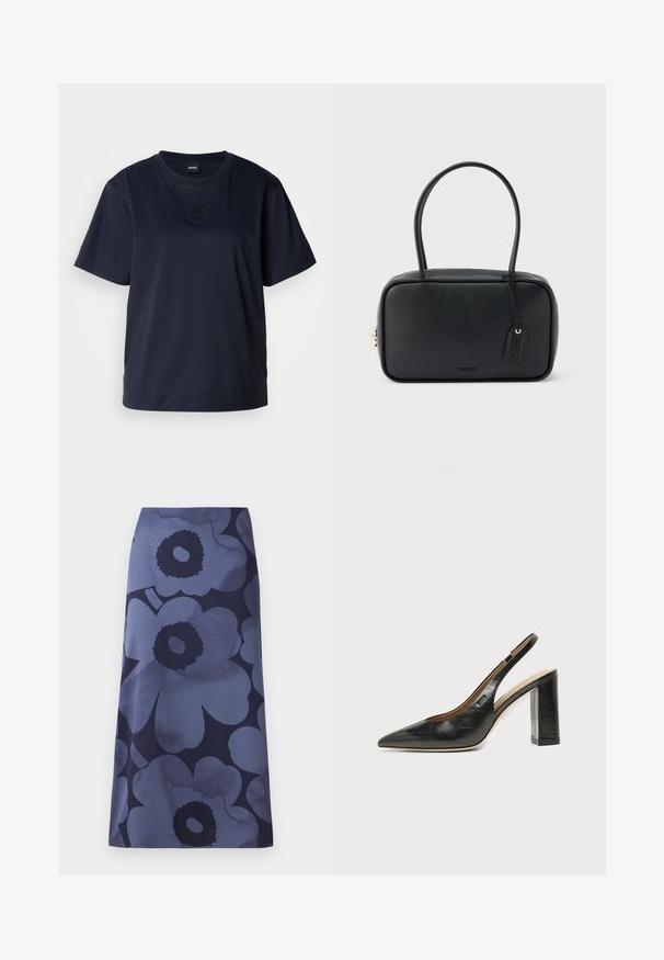 Camiseta de manga corta azul marino hecha de algodón suave. Presenta un cuello redondeado y un sutil logo bordado en el pecho.; Falda midi con estampado floral que presenta grandes flores azul oscuro sobre un fondo azul más claro; la tela parece suave con una textura ligeramente brillante.; Zapato slingback de piel negra con puntera puntiaguda, tacón alto y ancho, y forro interior beige sobre un fondo claro y liso.; Bolso rectangular negro con asas dobles redondeadas, cremallera dorada y logo "HUGO" en relieve en el frente con etiqueta de cuero adjunta.