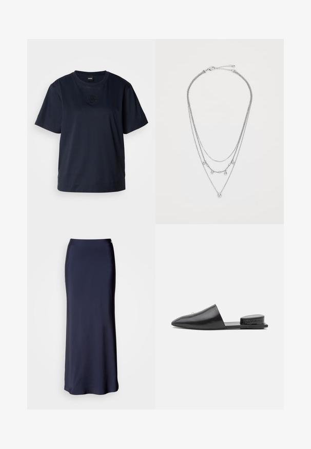 Marineblauw T-shirt met korte mouwen van zachte katoen. Heeft een ronde halslijn en een subtiele geborduurde logo op de borst.; Navyblauwe satijnen maxi-rok met een gladde textuur, rechte silhouet en een subtiele zijsplit. Bevat een tailleband en minimale details.; Zwarte leren instap muiltjes met spitse neus, minimalistisch ontwerp en een getextureerde achterhakaccent. Gladde oppervlakte en platte zool.; Zilverkleurige gelaagde ketting met drie kettingen van verschillende lengtes, voorzien van kleine decoratieve kralen en een karabijnsluiting.