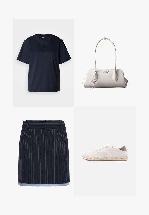 T-shirt bleu marine à manches courtes en coton doux. Il présente un col rond et un logo brodé subtil sur la poitrine.; Jupe bleu marine à rayures, avec une coupe droite, mettant en valeur des accents bleu clair au niveau de l'ourlet, fabriquée dans un tissu texturé et dotée d'une ceinture large.; Baskets blanches avec une tige en daim, des accents beiges et une semelle en jute tressé. Elles sont équipées de lacets plats et arborent un logo de marque sur le côté.; Sac à bandoulière blanc Calvin Klein avec longues poignées, forme rectangulaire, fermeture éclair et charm logo décoratif suspendu près de la poignée.
